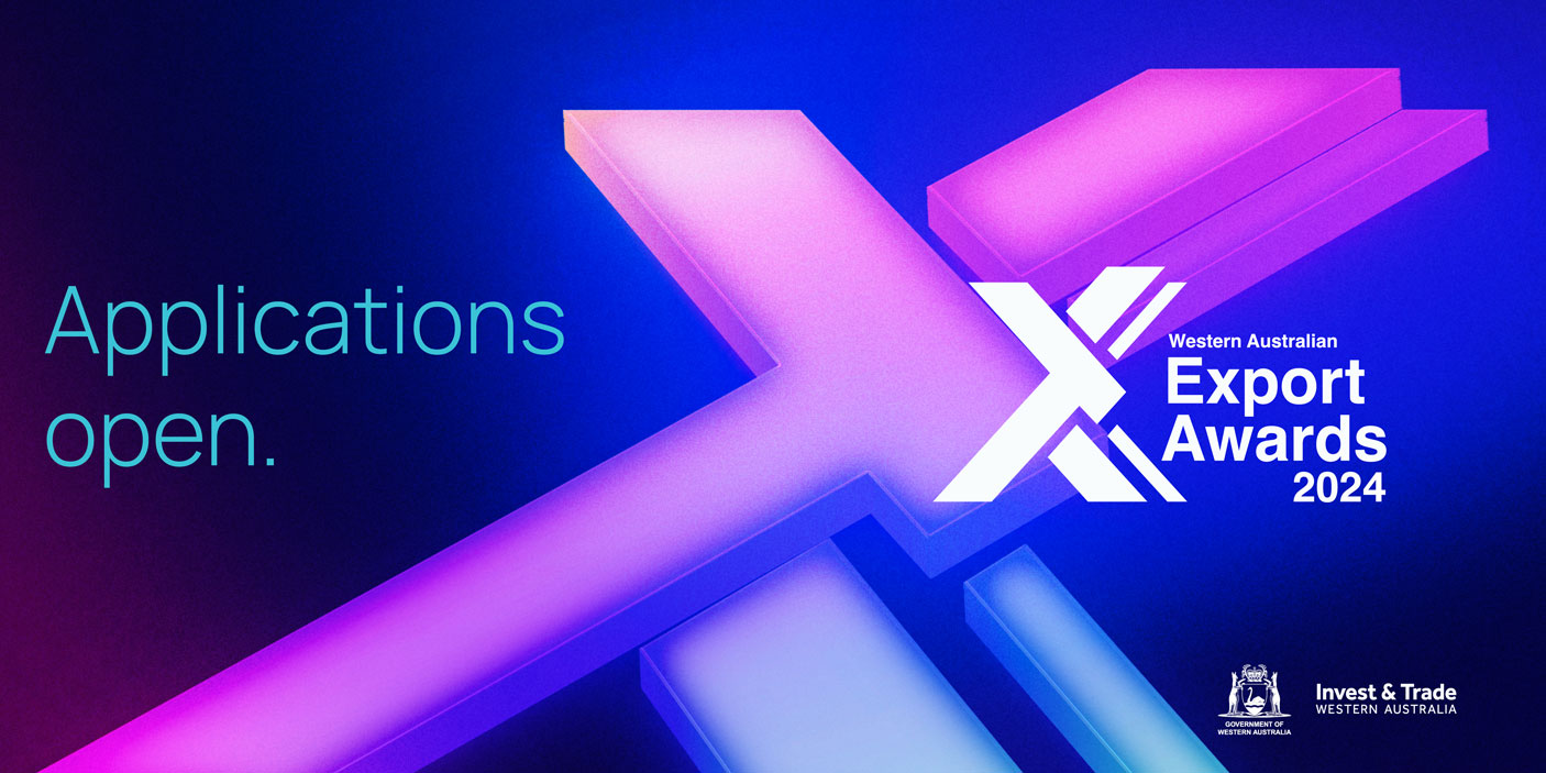 Graphic with text: Applications open. Export Awards 2024 and WA Government logo