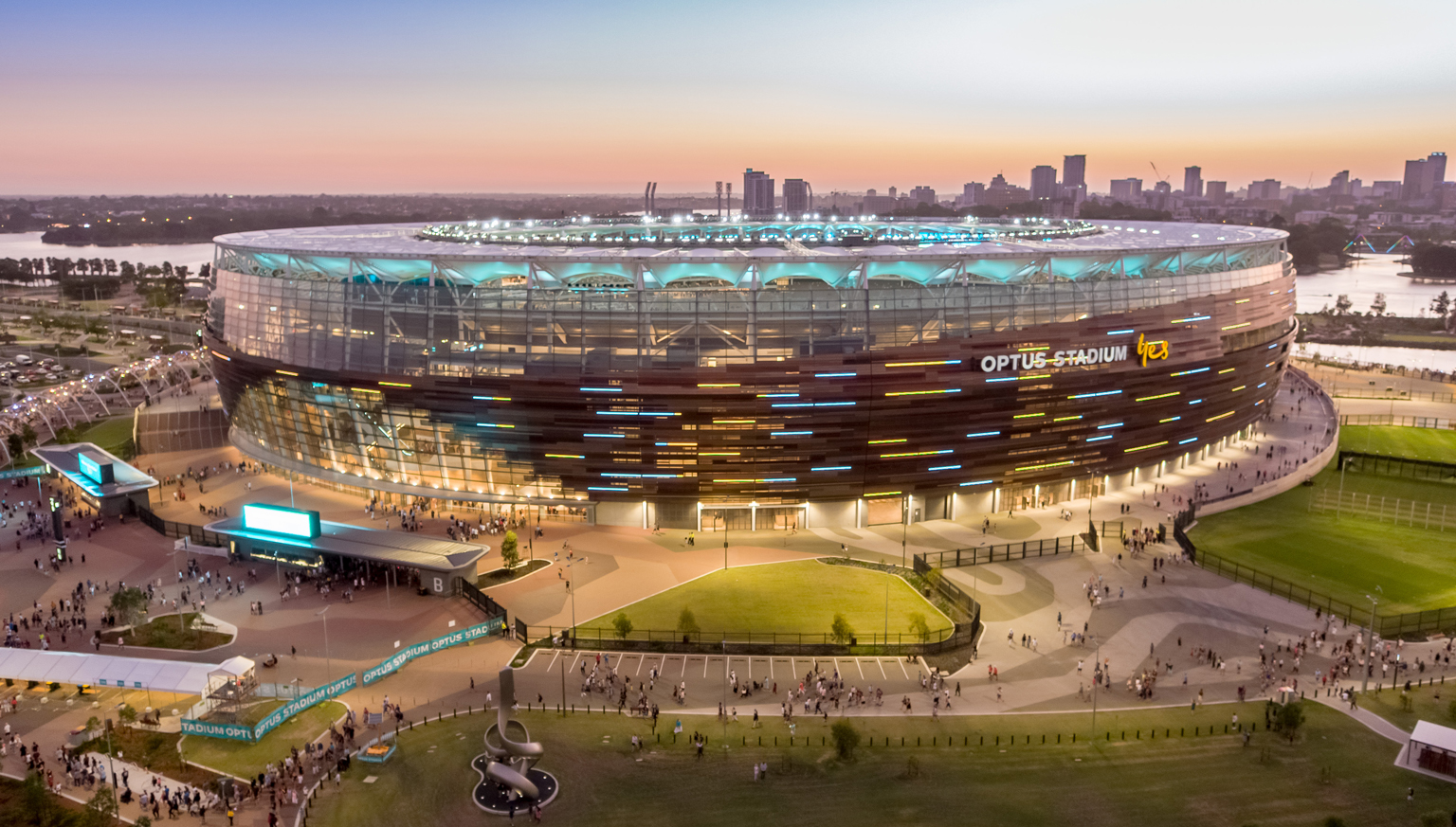 Optus Stadium at sunset