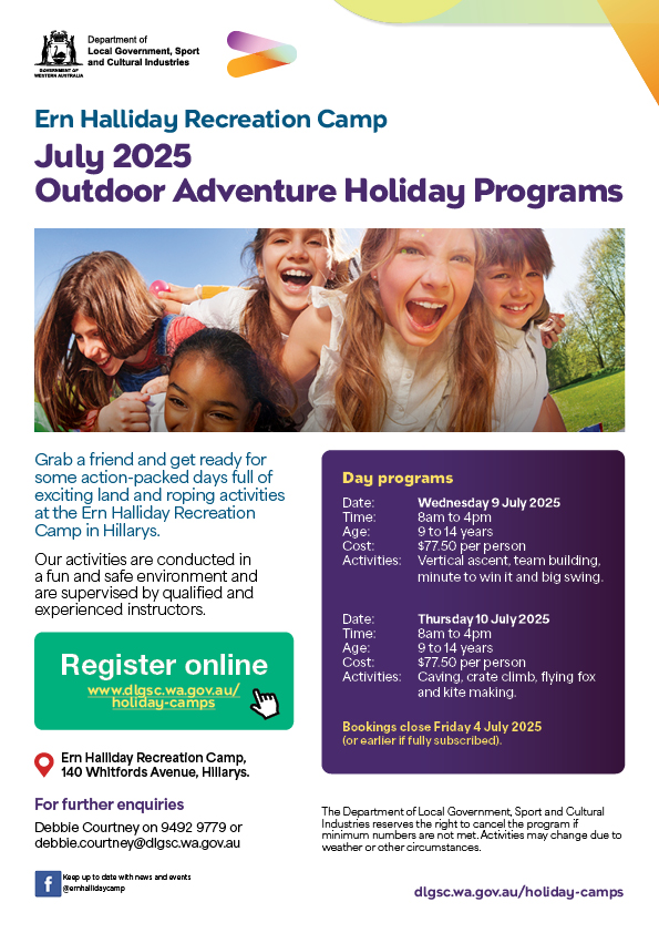 Poster for Ern Halliday day programs July 2025, with image of children playing outside