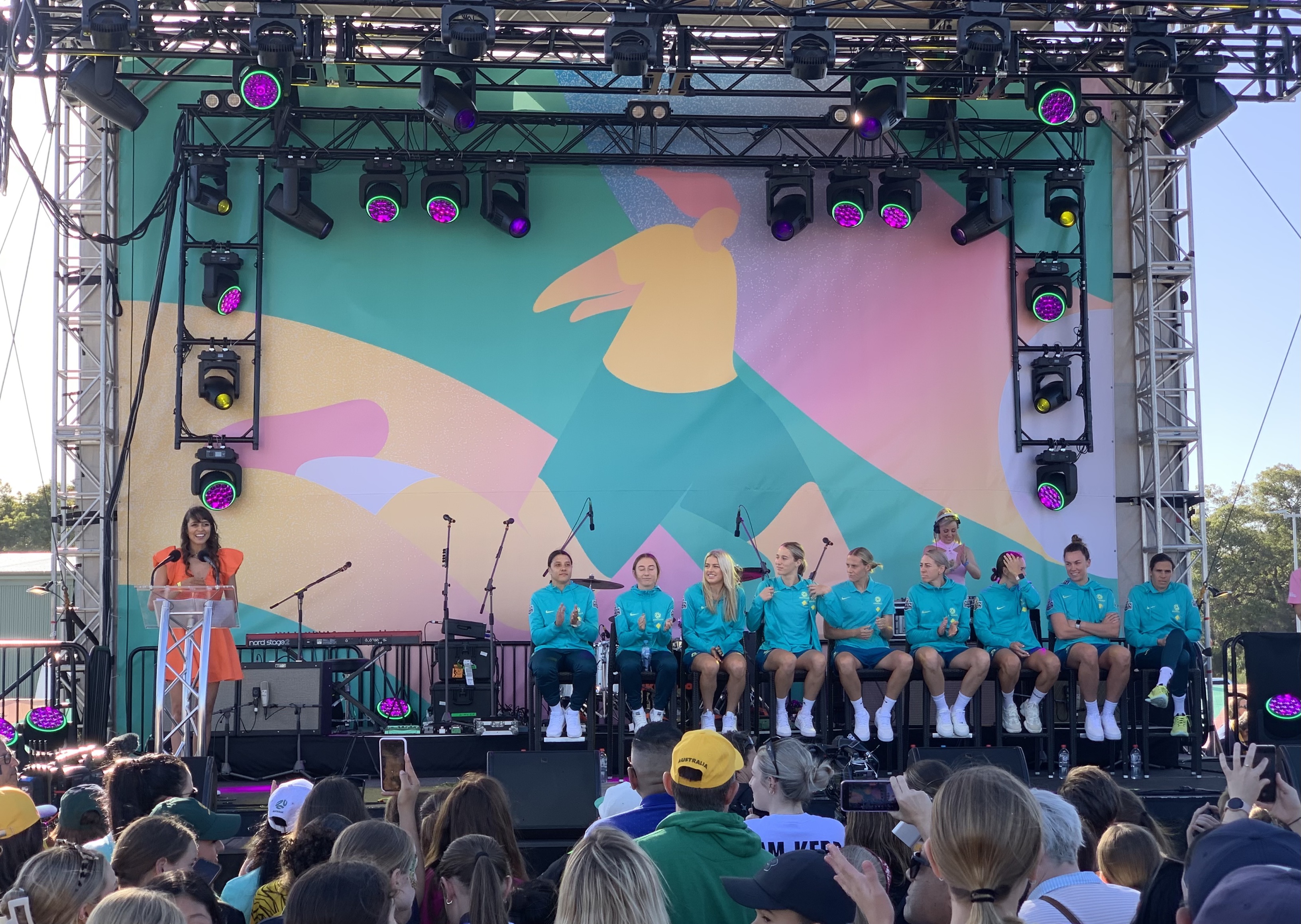 MC Amberly Lobo and the Matildas at the announcement